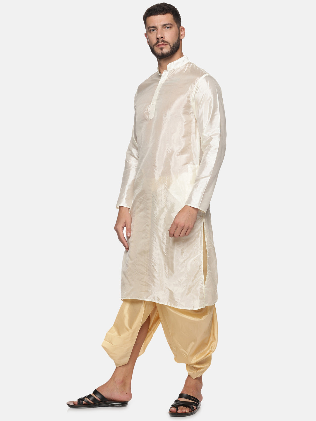 Men Biscuit Colour Art Silk Kurta Dhoti Pant Set.