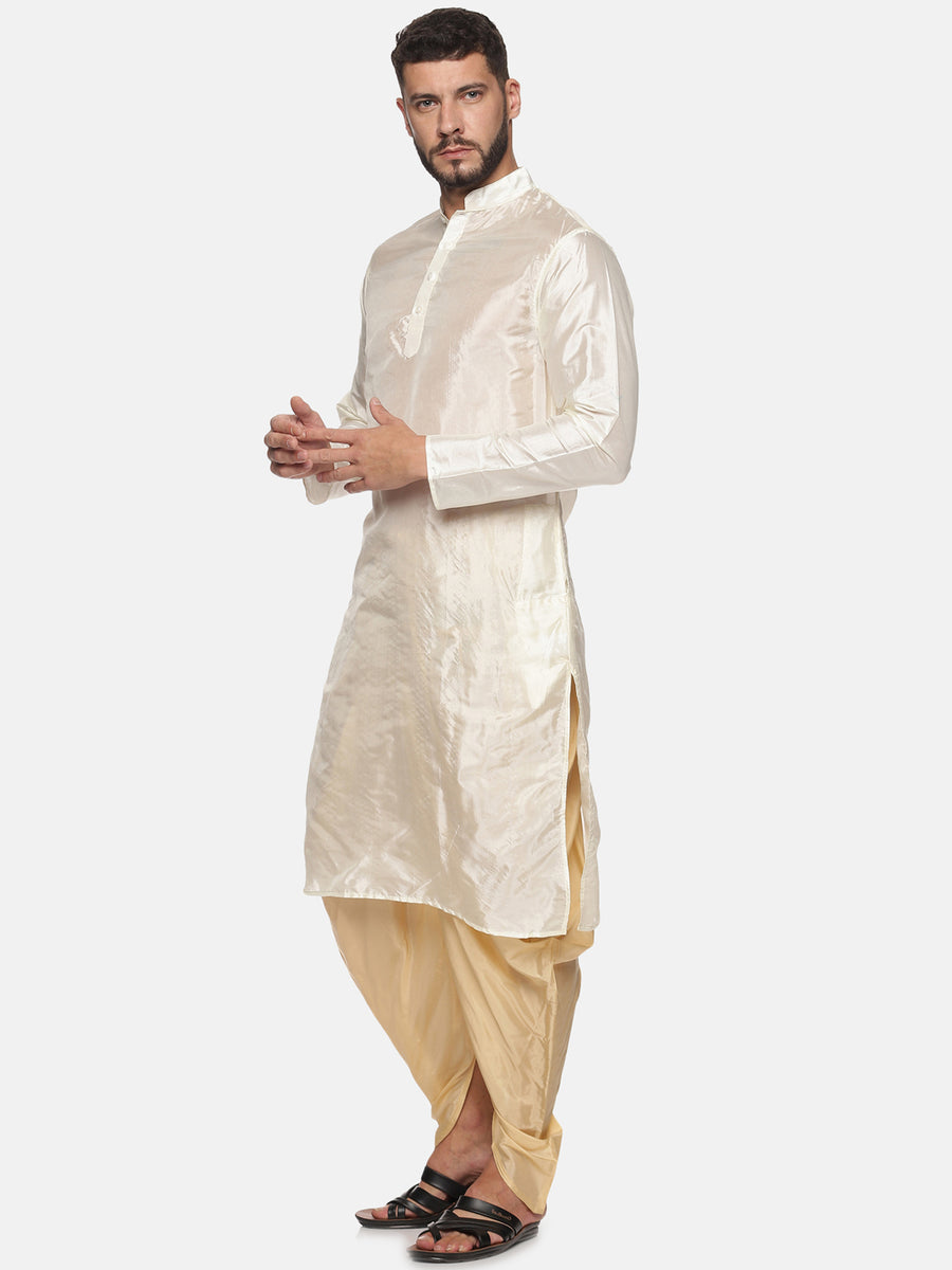 Men Biscuit Colour Art Silk Kurta Dhoti Pant Set.