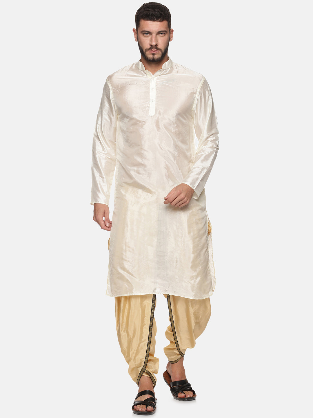 Men Biscuit Colour Art Silk Kurta Dhoti Pant Set