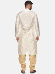 Men Biscuit Colour Art Silk Kurta Dhoti Pant Set.