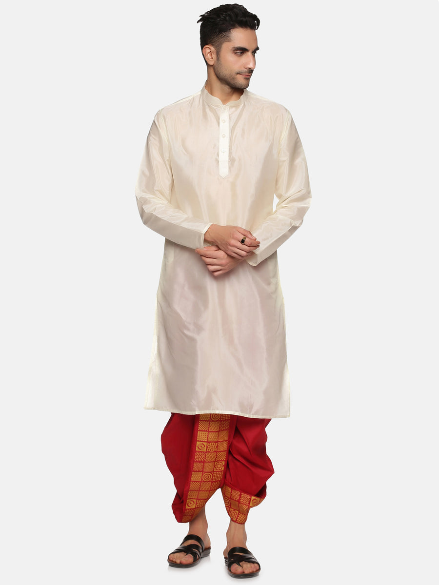 Men Maroon Colour Art Silk Kurta Dhoti Pant Set