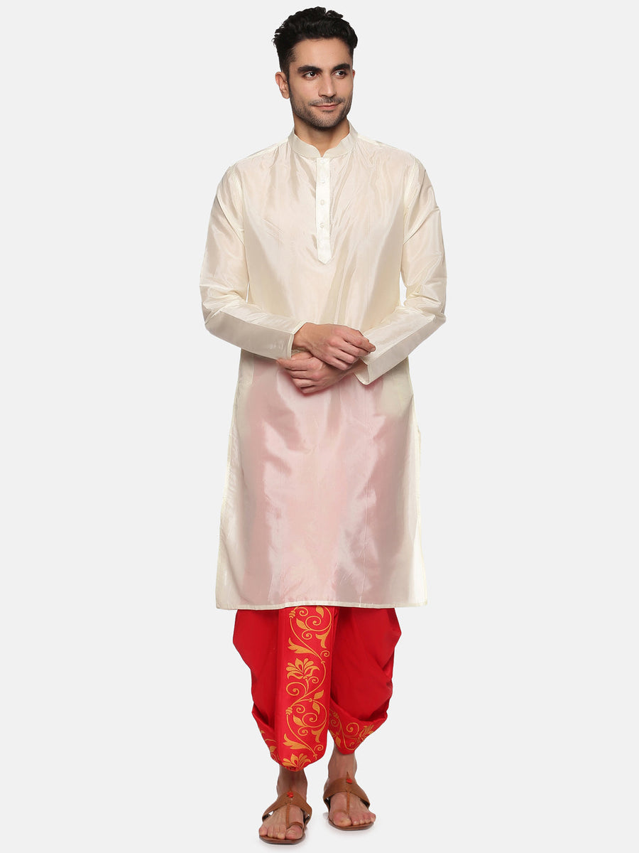 Men Red Colour Art Silk Kurta Dhoti Pant Set.