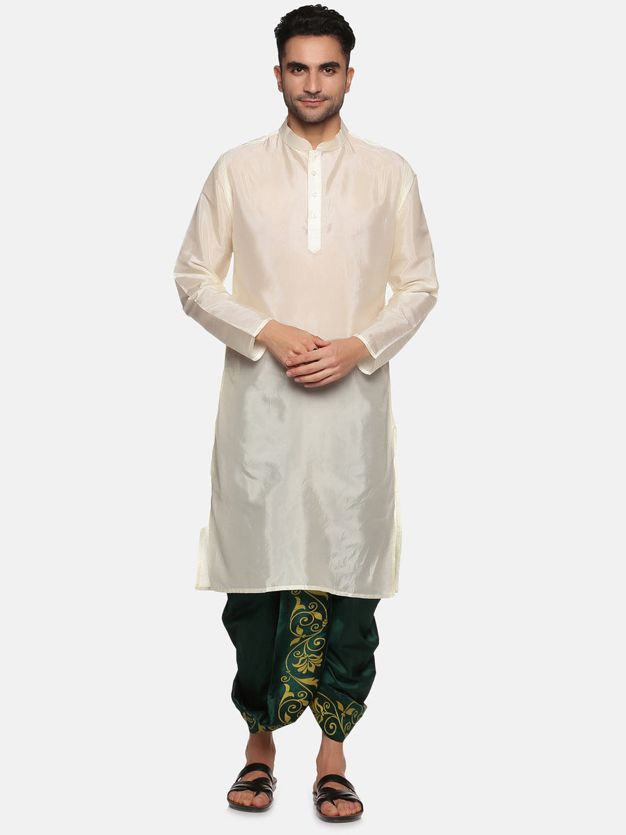 Men Green Colour Art Silk Kurta Dhoti Pant Set.
