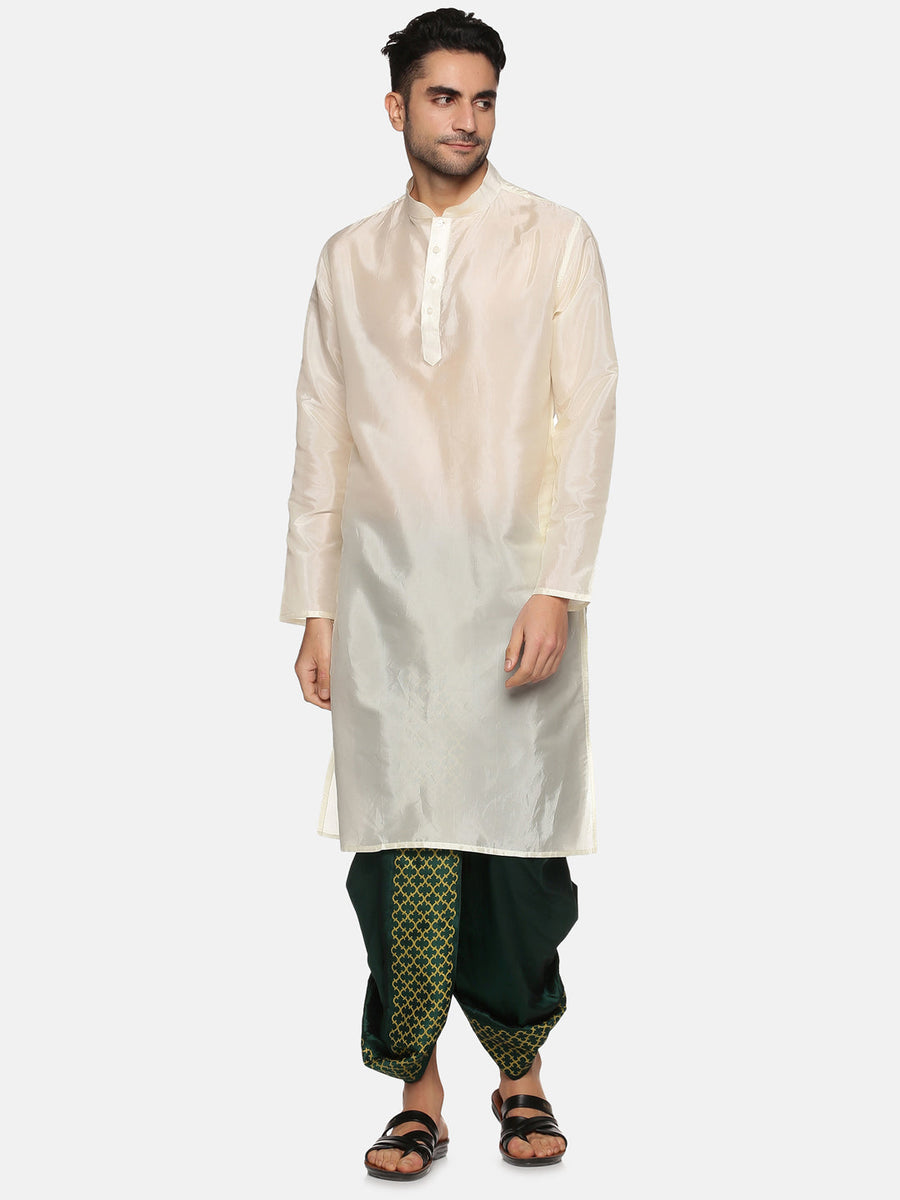 Men Green Colour Art Silk Kurta Dhoti Pant Set.