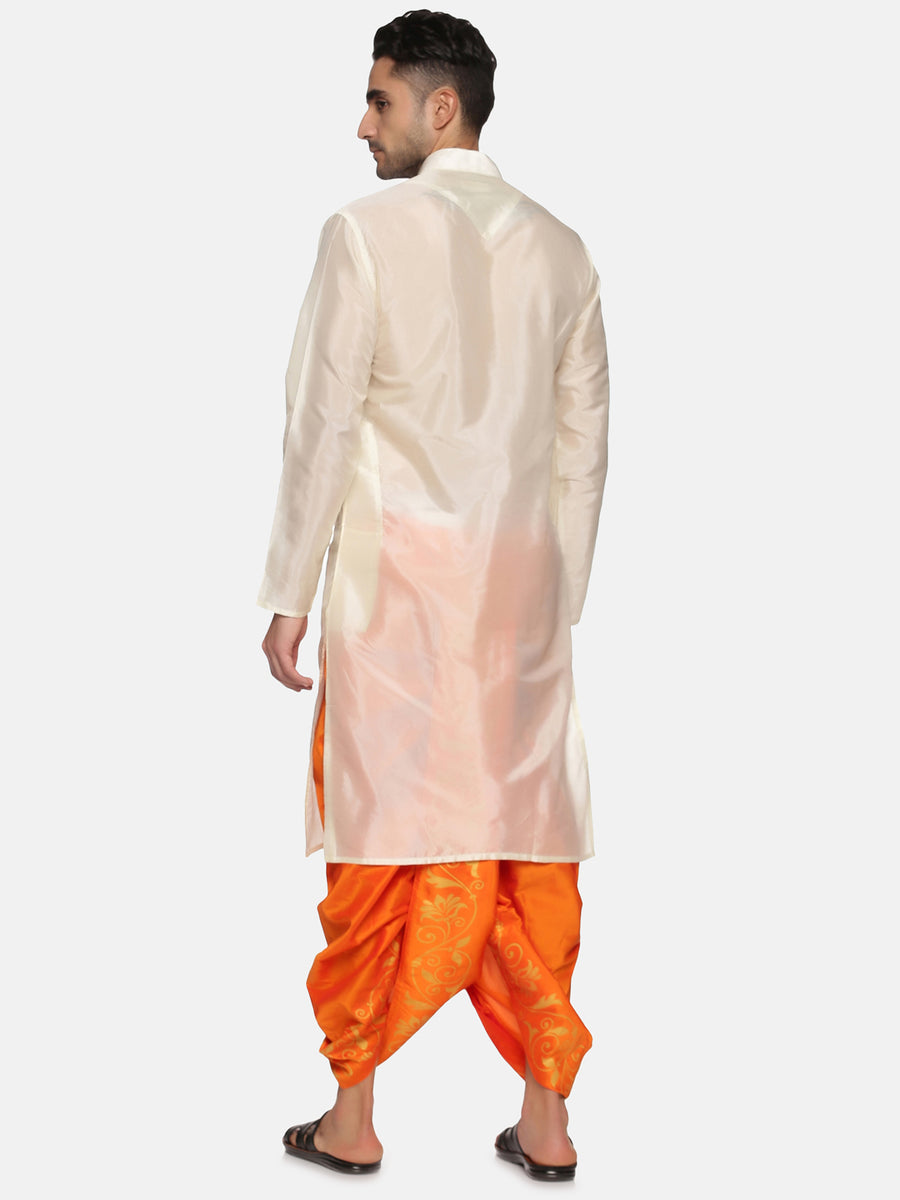 Men Orange Colour Art Silk Kurta Dhoti Pant Set.