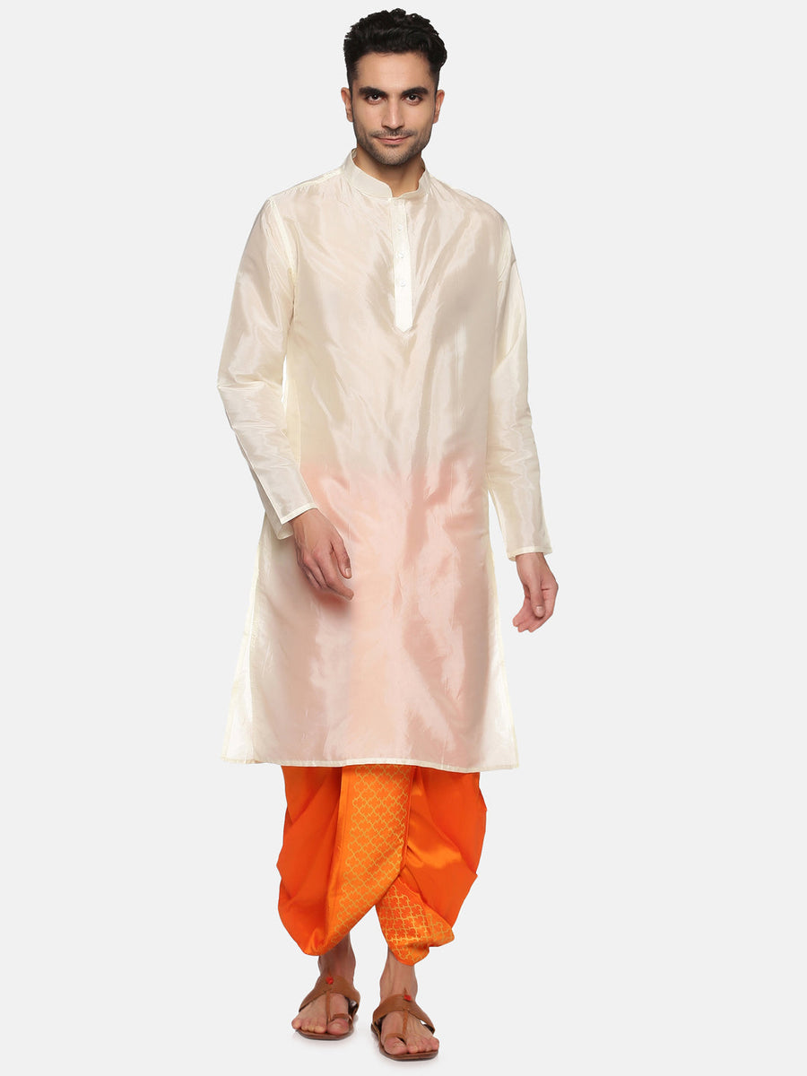 Men Orange Colour Art Silk Kurta Dhoti Pant Set.
