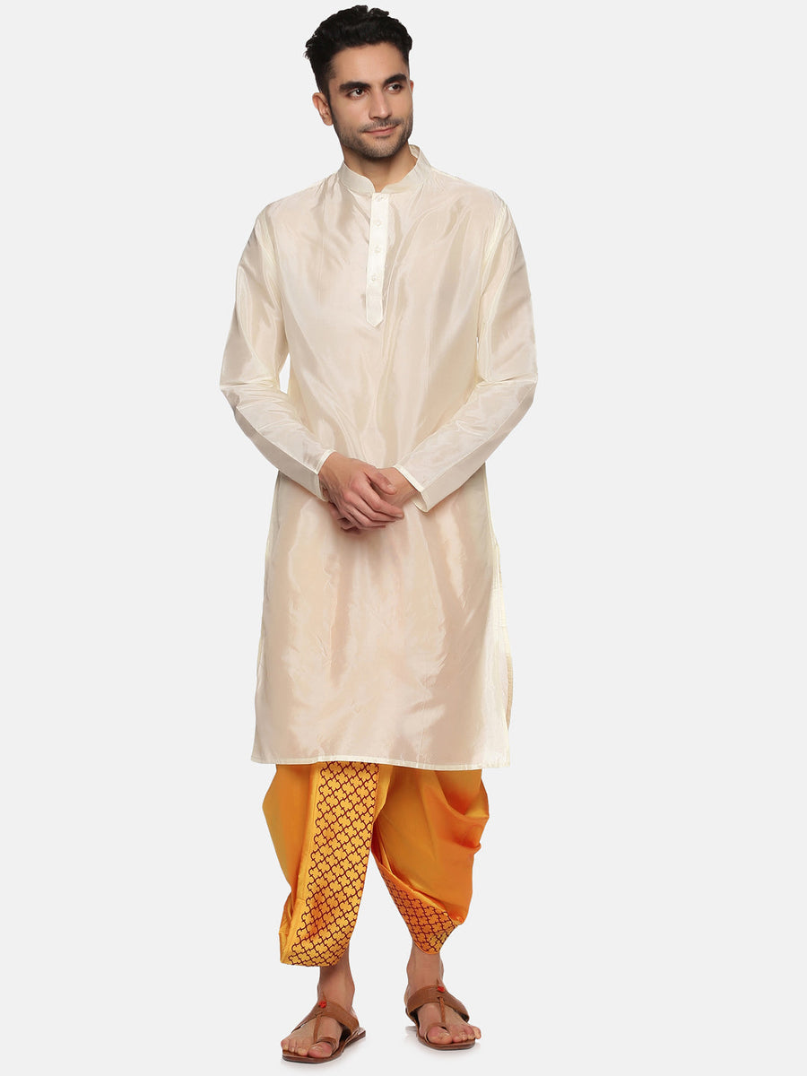 Men Yellow Colour Art Silk Kurta Dhoti Pant Set