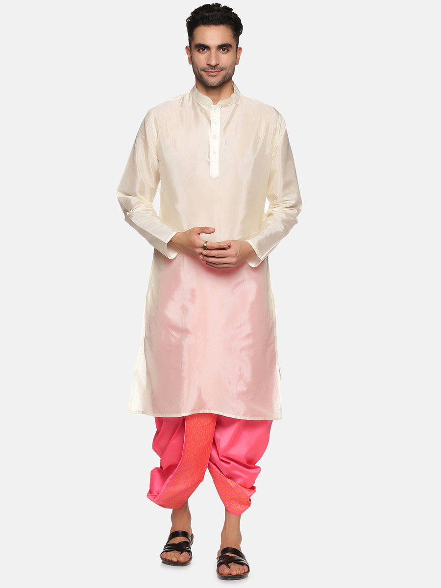 Men Pink Colour Art Silk Kurta Dhoti Pant Set.