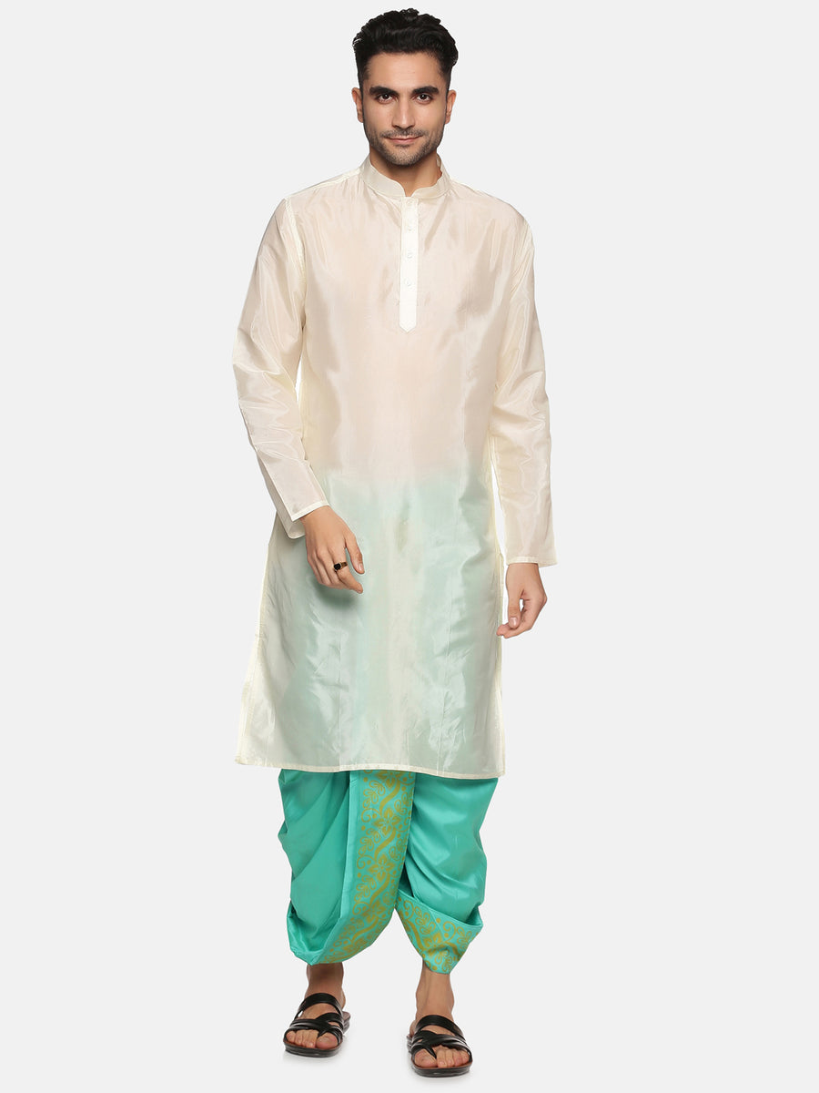 Men Floral Green Colour Art Silk Kurta Dhoti Pant Set
