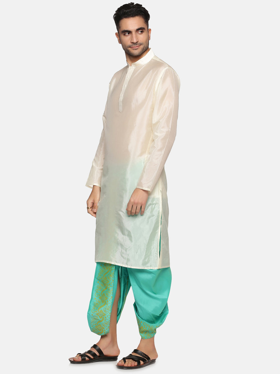 Men Floral Green Colour Art Silk Kurta Dhoti Pant Set.