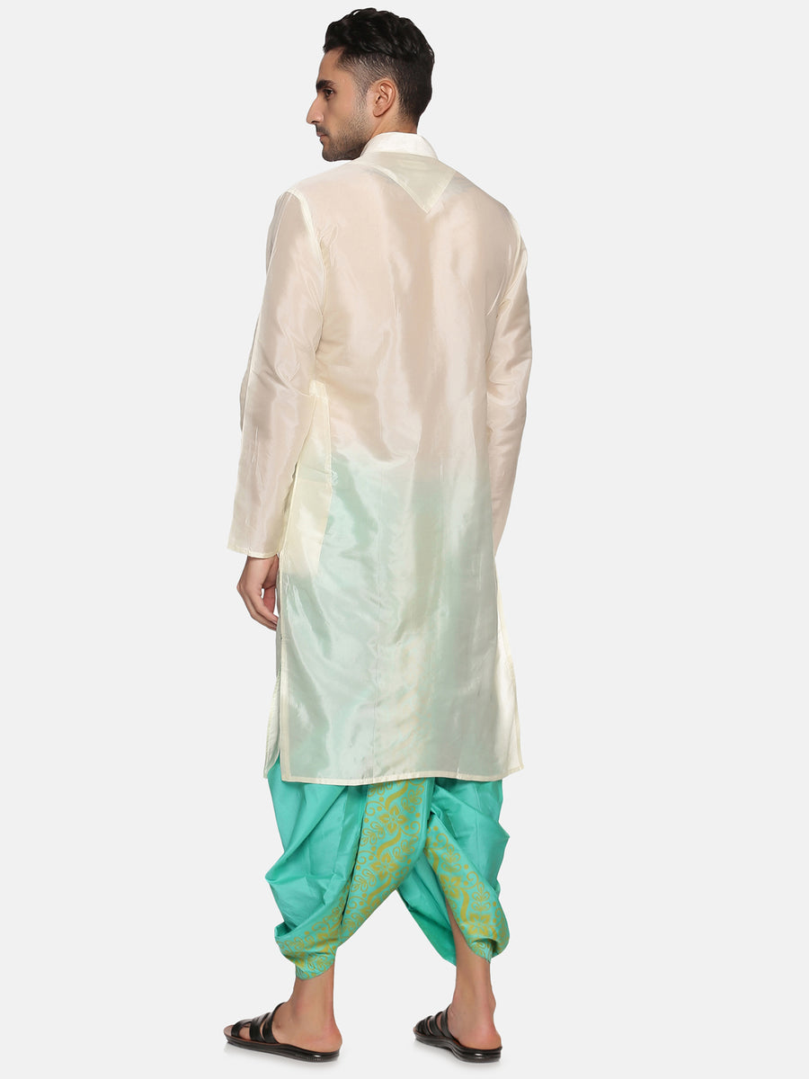Men Floral Green Colour Art Silk Kurta Dhoti Pant Set.
