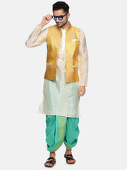 Men Floral Green Colour Art Silk Kurta Dhoti Pant Set.