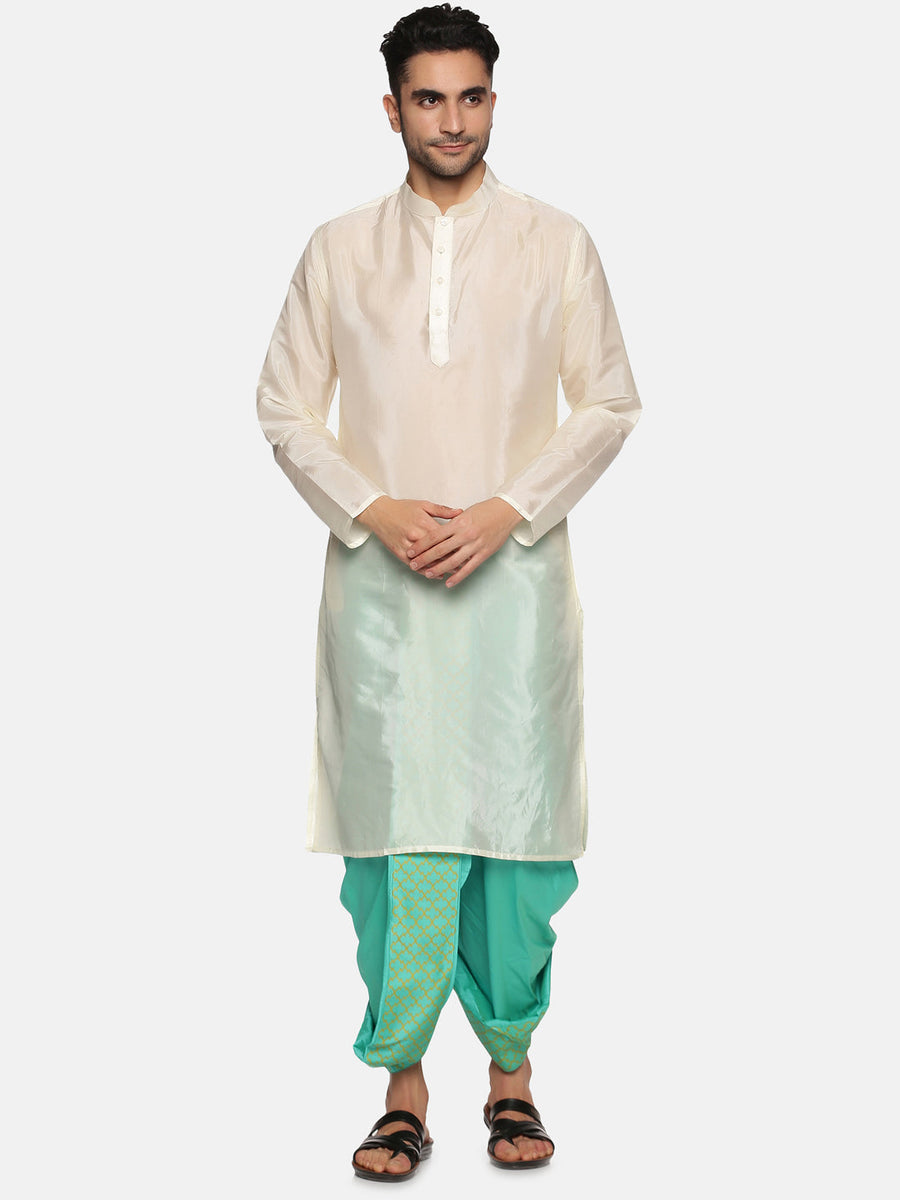 Men Floral Green Colour Art Silk Kurta Dhoti Pant Set.