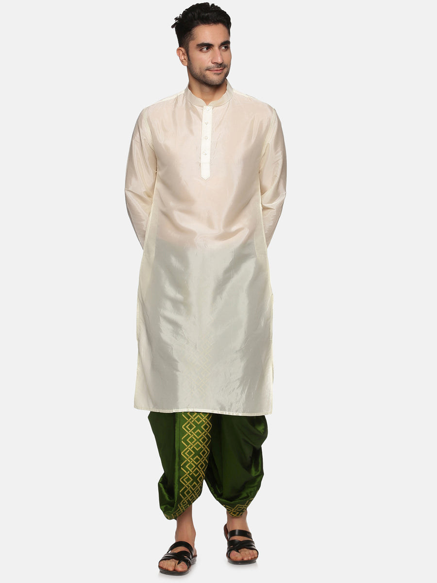 Men Green Colour Art Silk Kurta Dhoti Pant Set