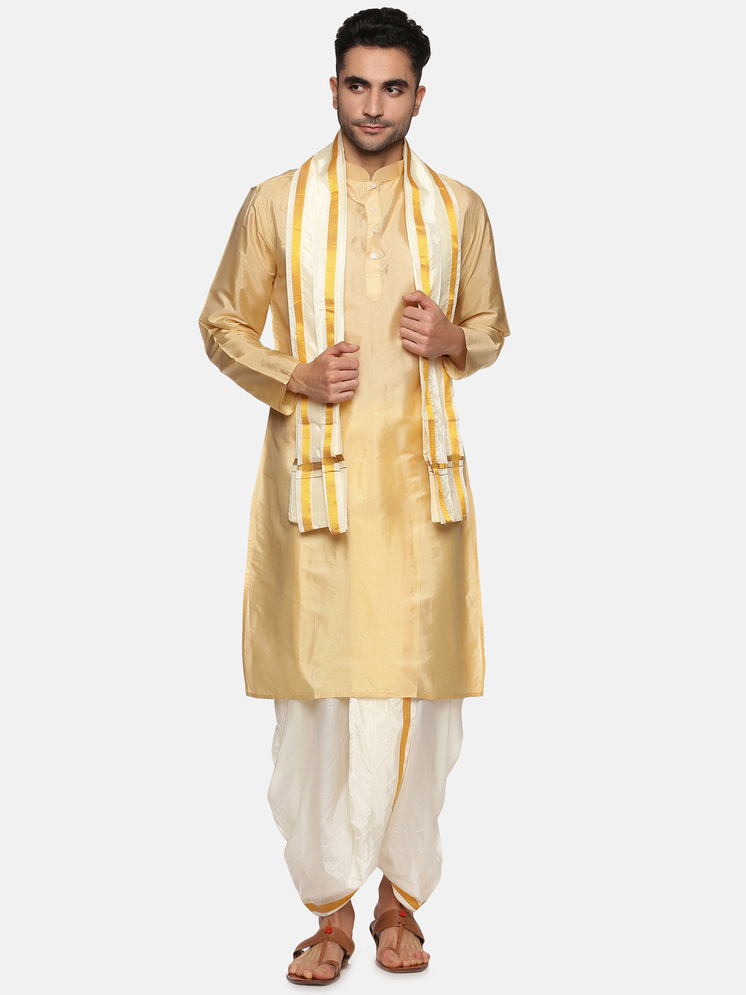 Men Biscuit Colour Art Silk Kurta Dhoti Pant Set