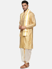 Men Biscuit Colour Art Silk Kurta Dhoti Pant Set