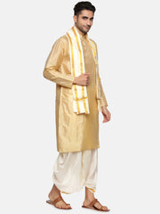 Men Biscuit Colour Art Silk Kurta Dhoti Pant Set