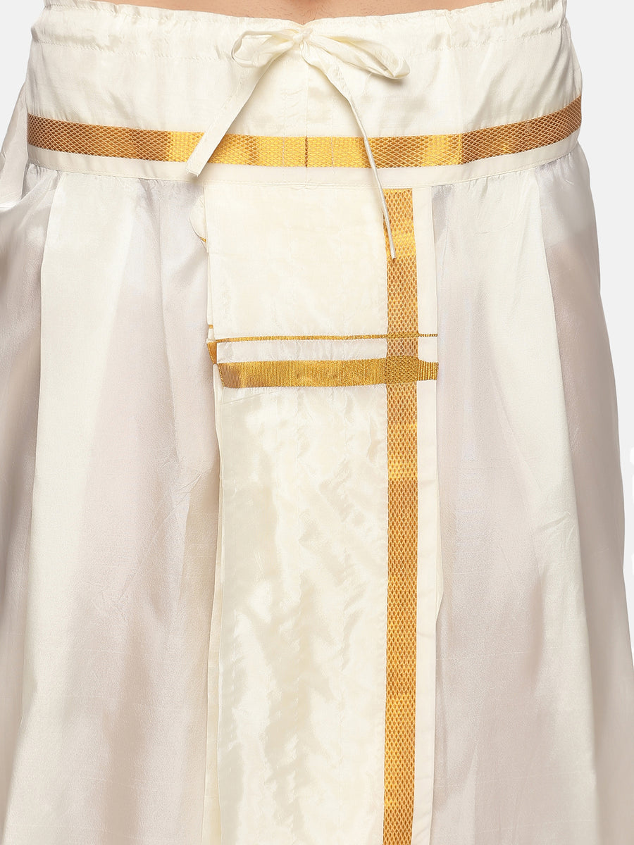 Men Biscuit Colour Art Silk Kurta Dhoti Pant Set