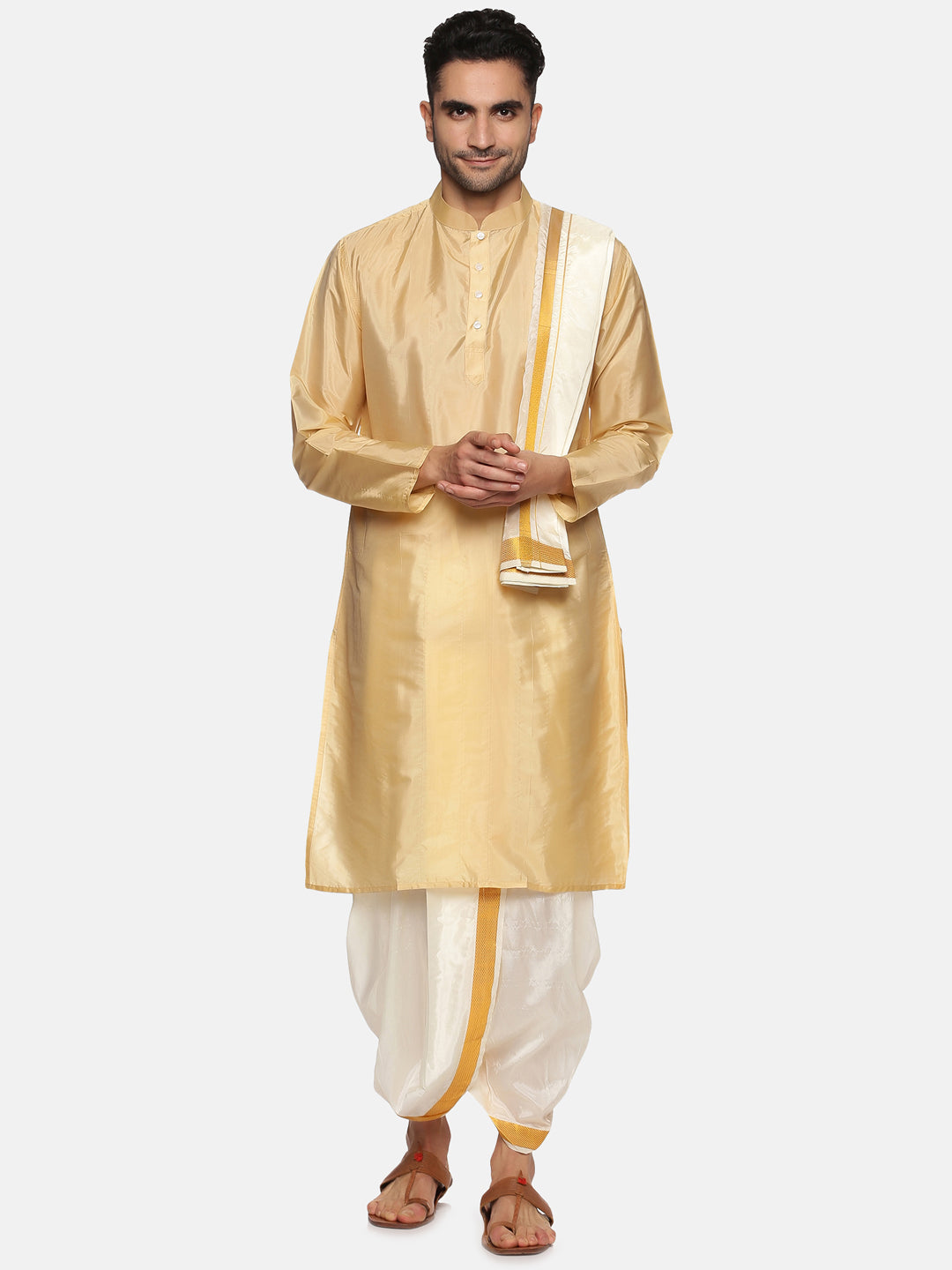 Men Biscuit Colour Art Silk Kurta Dhoti Pant Set