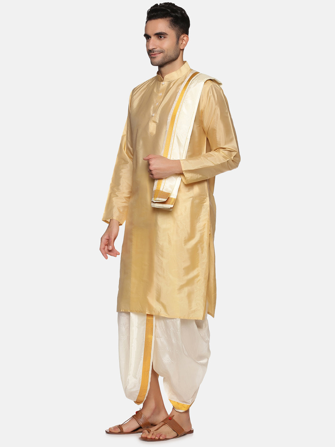 Men Biscuit Colour Art Silk Kurta Dhoti Pant Set