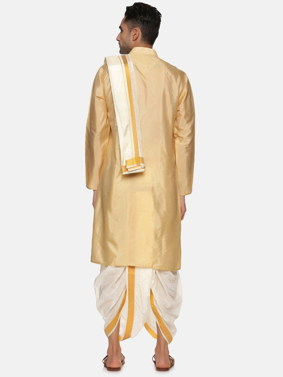 Men Biscuit Colour Art Silk Kurta Dhoti Pant Set