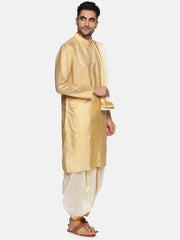 Men Biscuit Colour Art Silk Kurta Dhoti Pant Set