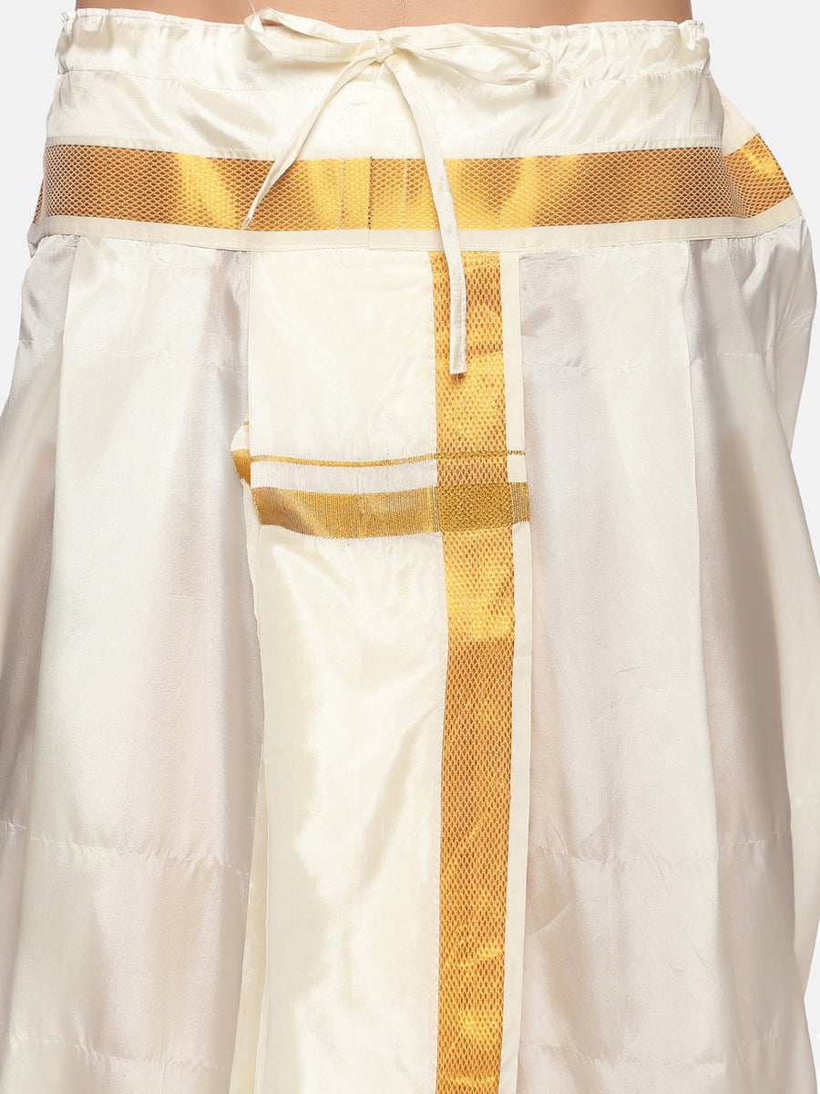 Men Biscuit Colour Art Silk Kurta Dhoti Pant Set