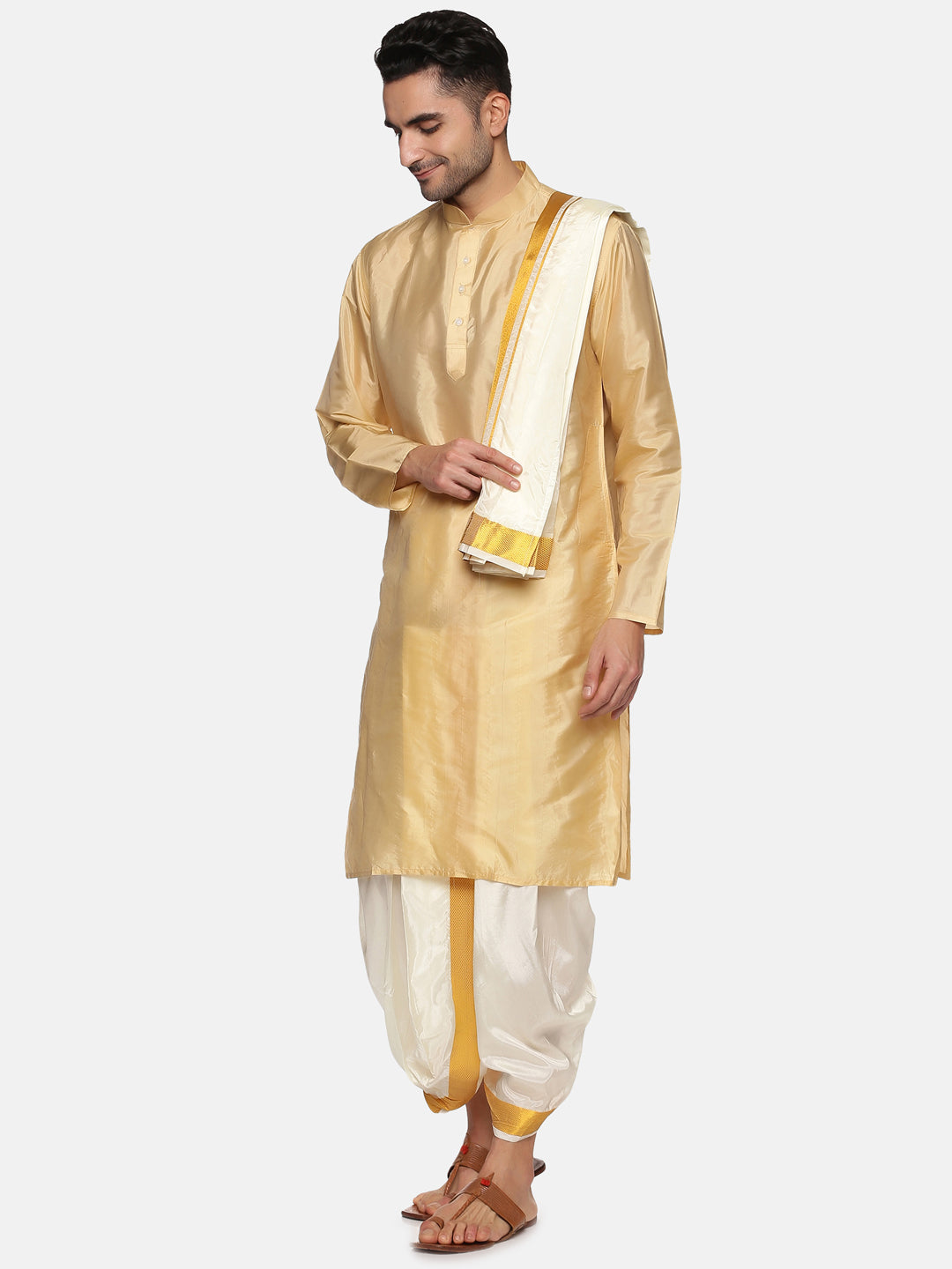 Men Biscuit Colour Art Silk Kurta Dhoti Pant Set