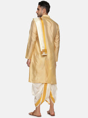 Men Biscuit Colour Art Silk Kurta Dhoti Pant Set