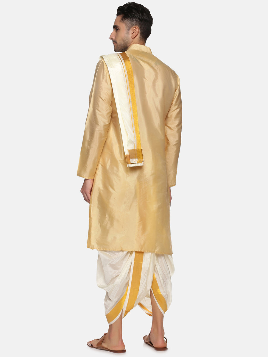 Men Biscuit Colour Art Silk Kurta Dhoti Pant Set