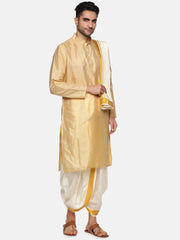 Men Biscuit Colour Art Silk Kurta Dhoti Pant Set