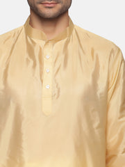 Men Biscuit Colour Art Silk Kurta Dhoti Pant Set