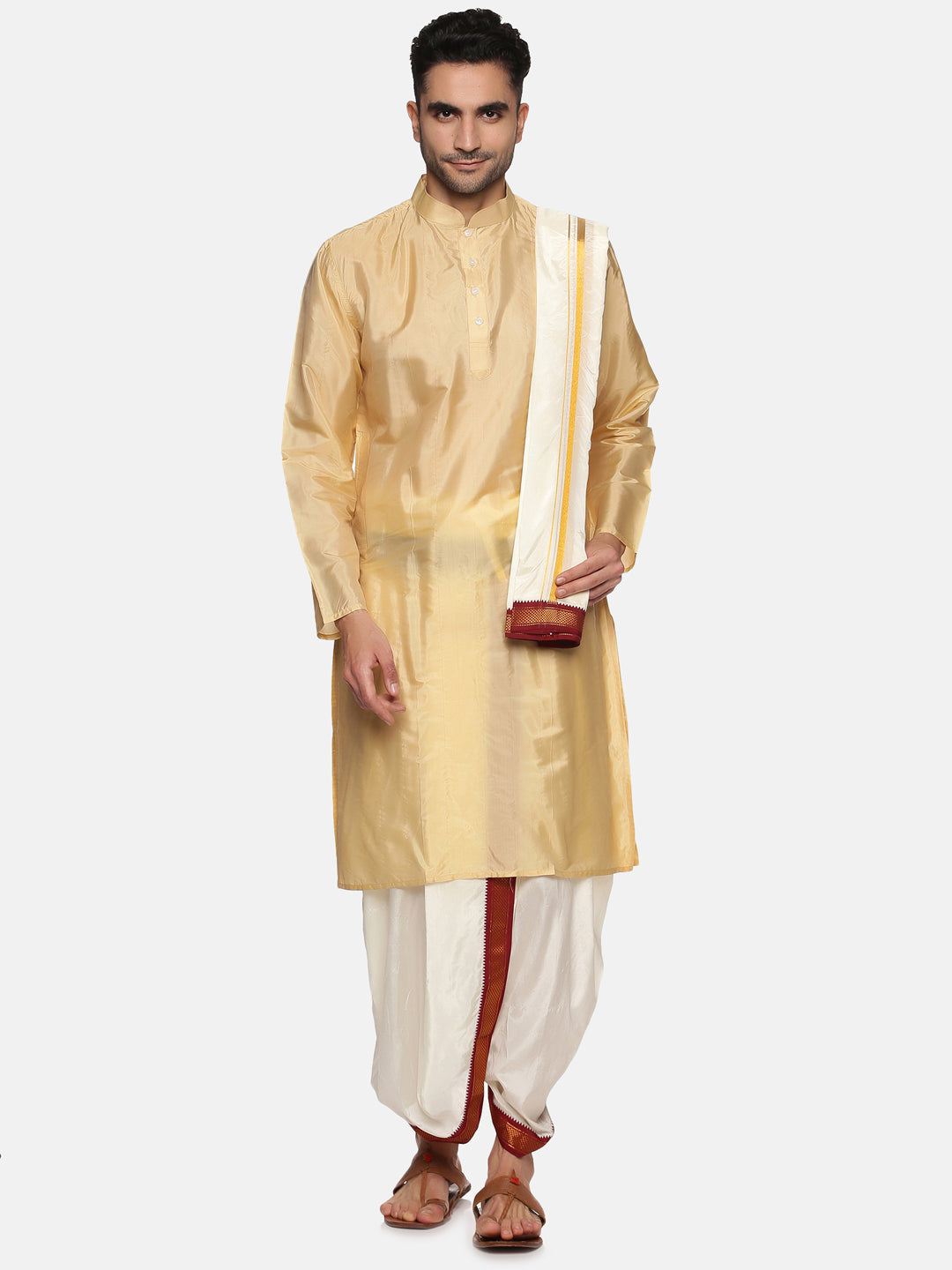 Men Biscuit Colour Art Silk Kurta Dhoti Pant Set