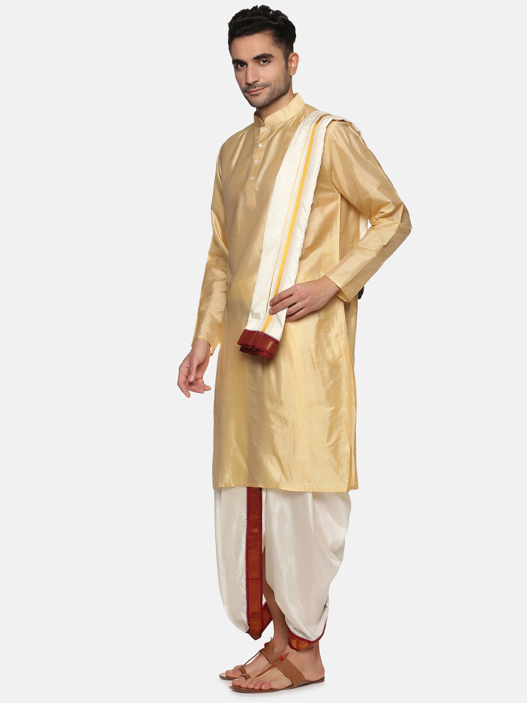 Men Biscuit Colour Art Silk Kurta Dhoti Pant Set