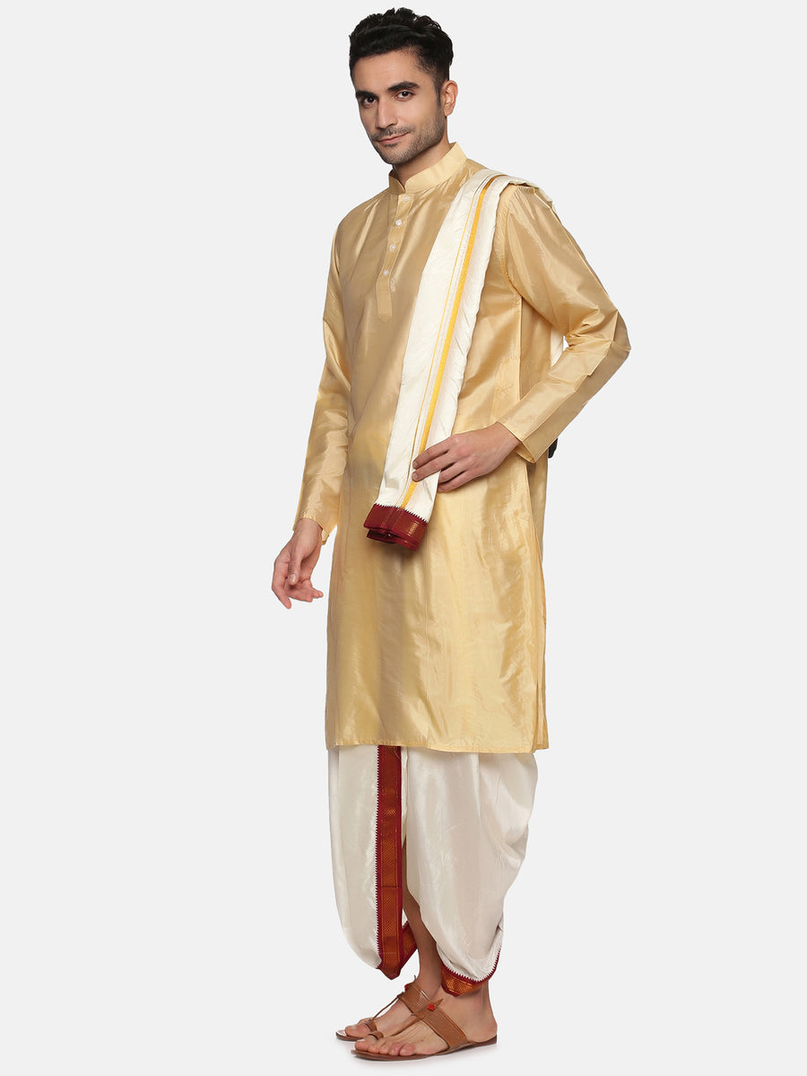 Men Biscuit Colour Art Silk Kurta Dhoti Pant Set