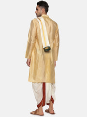 Men Biscuit Colour Art Silk Kurta Dhoti Pant Set