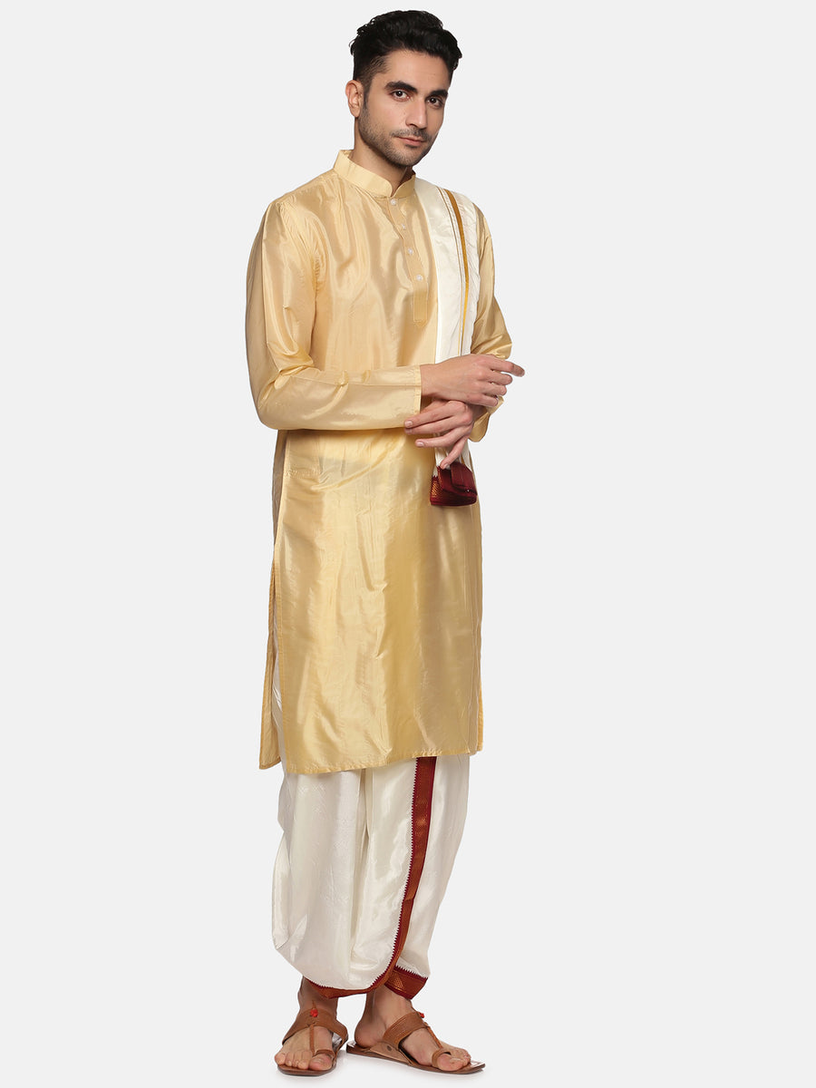 Men Biscuit Colour Art Silk Kurta Dhoti Pant Set
