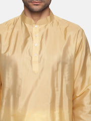 Men Biscuit Colour Art Silk Kurta Dhoti Pant Set