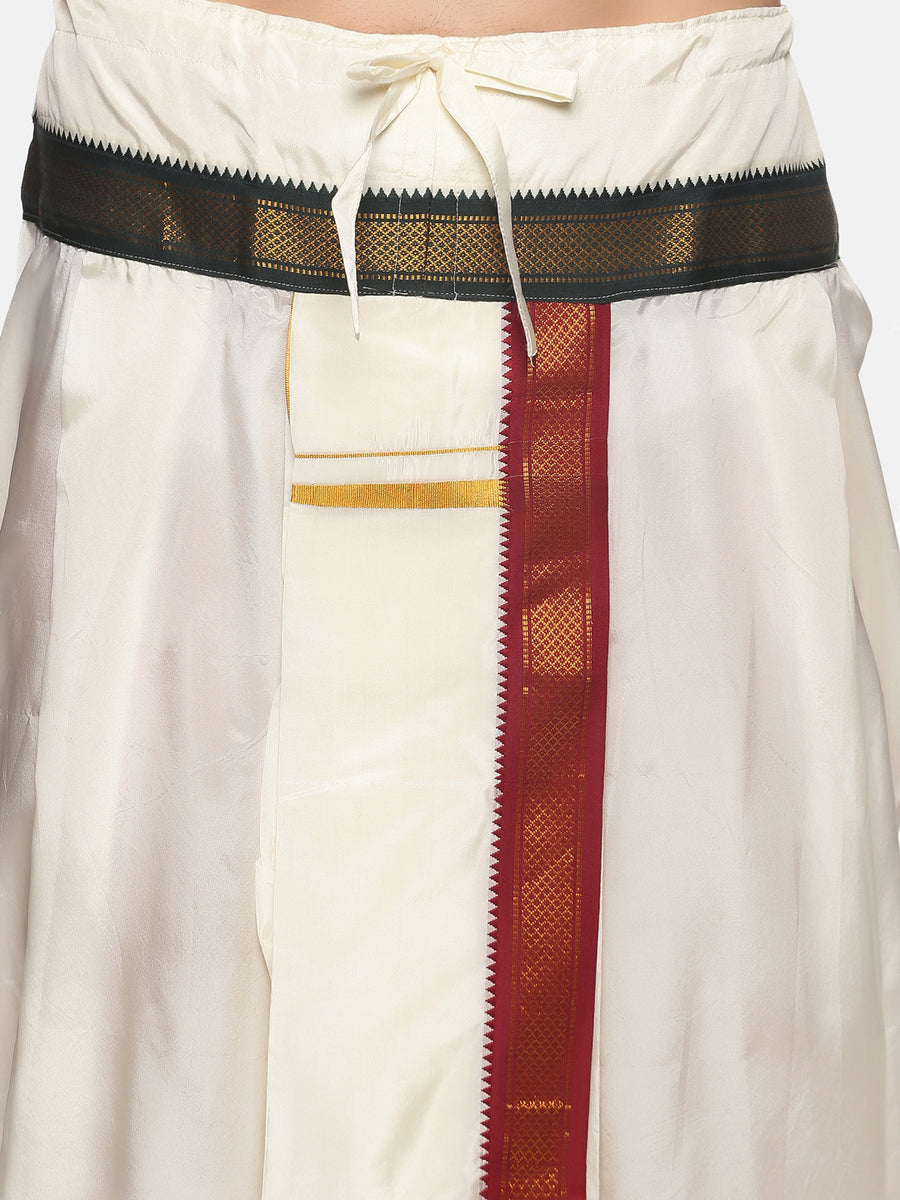 Men Biscuit Colour Art Silk Kurta Dhoti Pant Set