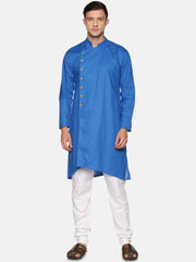 Men Solid Colour Slub Cotton Asymmetrical Kurta Pyjama Set