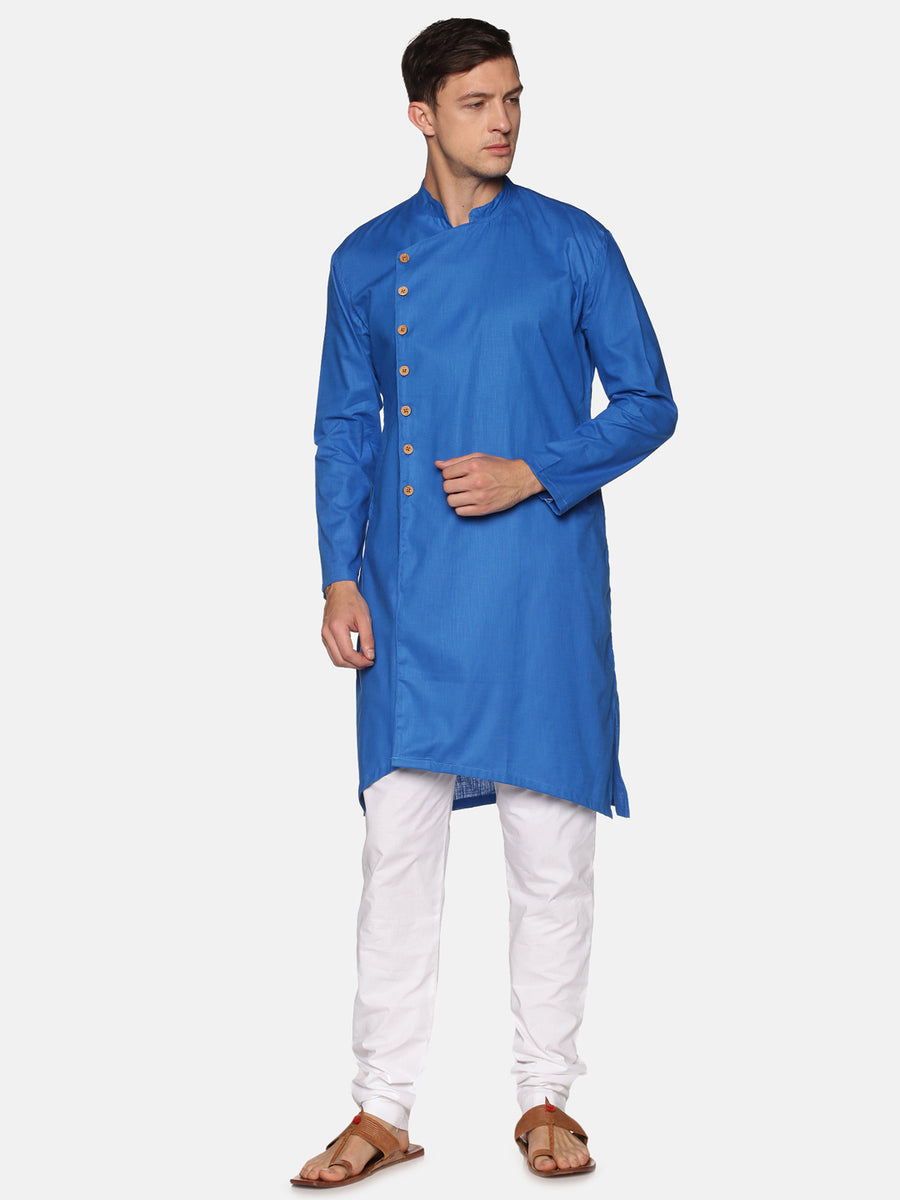 Men Solid Colour Slub Cotton Asymmetrical Kurta Pyjama Set
