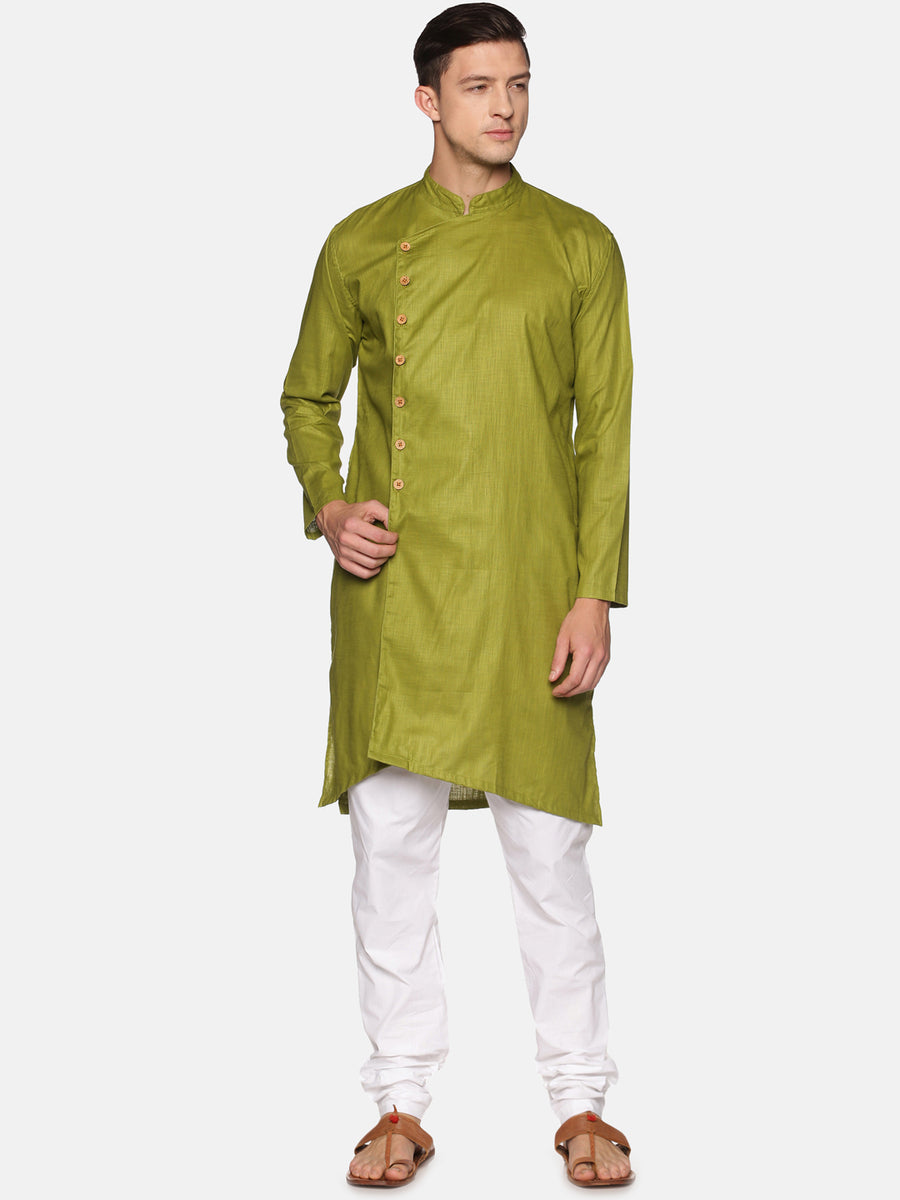 Men Solid Colour Slub Cotton Asymmetrical Kurta Pyjama Set