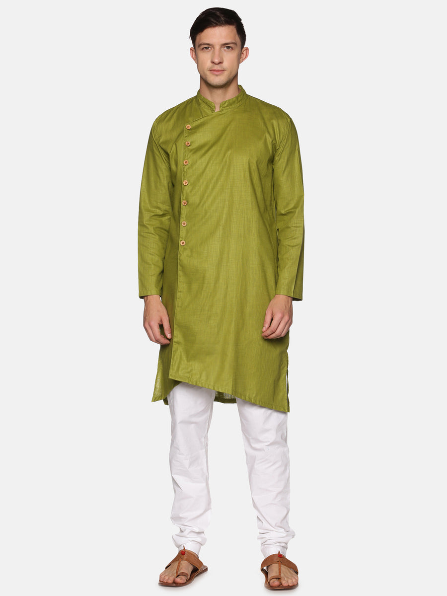 Men Solid Colour Slub Cotton Asymmetrical Kurta Pyjama Set