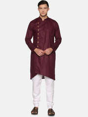 Men Solid Colour Slub Cotton Asymmetrical Kurta Pyjama Set