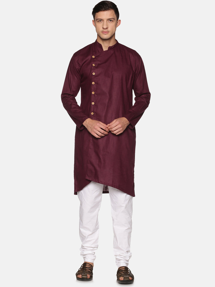 Men Solid Colour Slub Cotton Asymmetrical Kurta Pyjama Set