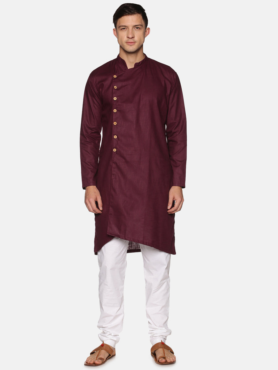 Men Solid Colour Slub Cotton Asymmetrical Kurta Pyjama Set
