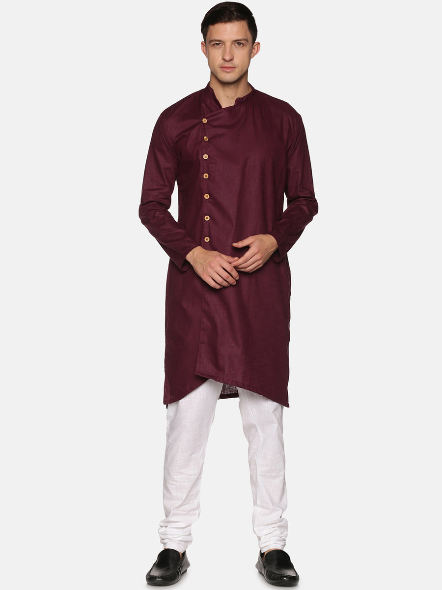 Men Solid Colour Slub Cotton Asymmetric Kurta Pyjama Set