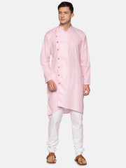 Men Solid Colour Slub Cotton Asymmetrical Kurta Pyjama Set