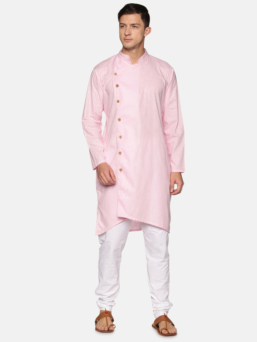Men Solid Colour Slub Cotton Asymmetrical Kurta Pyjama Set