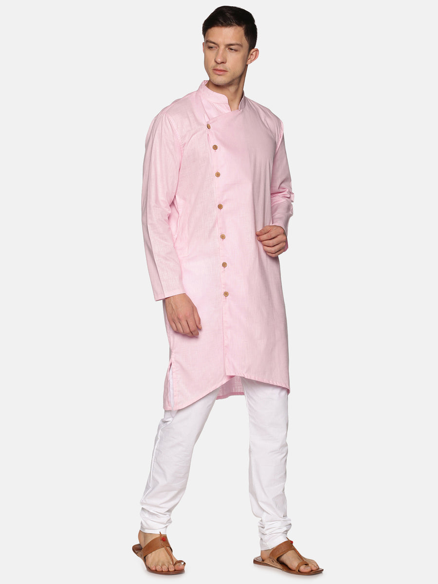 Men Solid Colour Slub Cotton Asymmetrical Kurta Pyjama Set